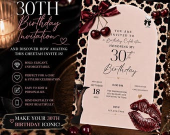 Chic Cheetah Birthday Invite | 30th Birthday Invitation  | Burgundy & Black Leopard Party Invitation | Canva Editable Digital Download