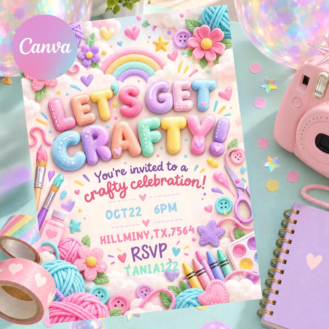 Pastel Let’s Get Crafty Birthday Invitation, Cute Arts and Crafts Party ...