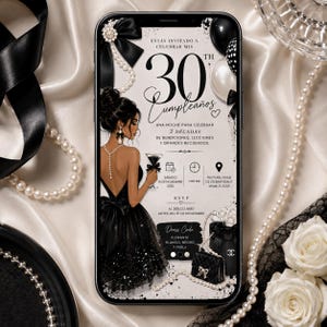 May include: A digital 30th birthday invitation displayed on a smartphone screen featuring an illustration of a person in a black dress holding a martini glass. The design includes black and white balloons, pearls, and text details for a celebration.