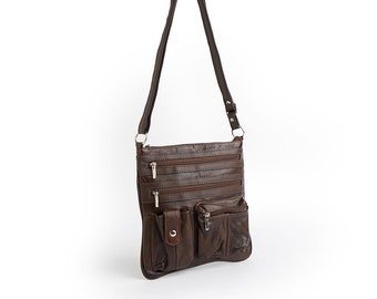 Leather Cross Body Bag With Multi Zipper Pockets