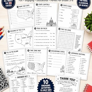 Könnte beinhalten: Ein Set aus 10 Arbeitsblättern zur Geografie der USA inklusive Lösungsschlüssel mit Aufgaben zu Bundesstaaten, Hauptstädten, Flaggen, Zeitzonen und Sehenswürdigkeiten, konzipiert für Schüler der Klassenstufen 3 bis 6.