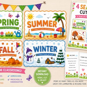 May include: A set of printable 4 Seasons cutouts featuring colourful illustrations for Spring, Summer, Fall, and Winter. Each seasonal card includes descriptive text, themed icons like a snowman, beach, and trees, and a header sheet with instructions.