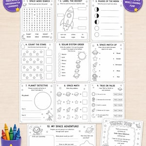 May include: A set of 10 Outer Space Adventure worksheets for children featuring activities like word searches, rocket labeling, moon phases, star counting, solar system ordering, space matching, planet detective tasks, space math, and true or false questions.