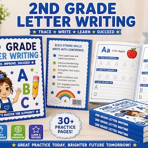 May include: A 2nd Grade Letter Writing workbook featuring a cartoon child, a pencil, and alphabet letters on the cover. The set includes an open book showing tracing exercises for letters A and B, a back cover with text, and a stack of three identical books.