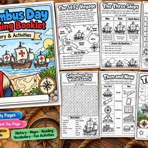 Op de afbeelding: Een Columbus Day leerboekje met geschiedenis en activiteiten. De omslag toont een getekende ontdekkingsreiziger met een kaart en kompas, drie schepen op zee en de tekst Columbus Day Learning Booklet. Bevat pagina's voor kaarten, woordzoekers en tijdlijnen.