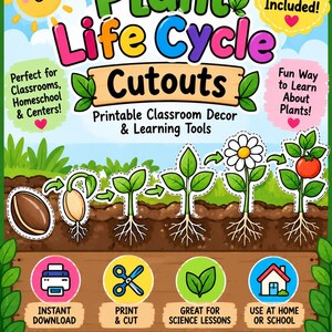 以下が含まれることがあります： Plant Life Cycle Cutoutsというタイトルのデジタル教育ポスター。漫画の太陽、種からトマトの苗までの成長過程を示す10個の植物の切り抜き、印刷やカット用のアイコン、そしてWatch Small Seeds Grow Into Big Thingsというテキストが描かれています。