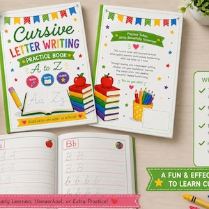 May include: Two cursive letter writing practice books with colorful covers featuring illustrations of stacked books, apples, and bunting. One book is open to pages showing the letters Aa and Bb with dotted lines for tracing and writing practice.