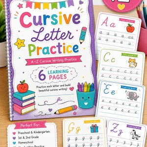 May include: A spiral-bound workbook titled Cursive Letter Practice with a purple cover featuring colorful illustrations of books, a pencil, and a cup of crayons. The set includes several white practice cards with letters A, C, E, G, and Z.