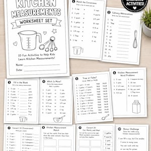 May include: A black and white kitchen measurements worksheet set featuring ten educational activities for kids. The pages include matching, true or false, fill in the blank, and word problems with illustrations of measuring cups, spoons, and whisks.