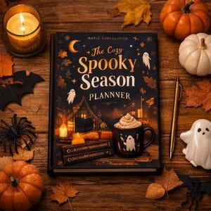 Peut inclure: Un agenda à couverture rigide noire intitulé The Cozy Spooky Season Planner avec des lettres dorées, illustré de fantômes, d'un croissant de lune et d'une tasse de chocolat chaud. L'agenda est entouré de citrouilles, de feuilles d'automne et d'un stylo doré.