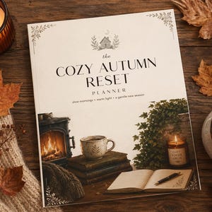 Könnte beinhalten: Ein Planer mit dem Titel The Cozy Autumn Reset und einer Titelillustration, die einen Kamin, einen Bücherstapel, eine Tasse, eine Kerze und ein offenes Tagebuch zeigt. Der Text lautet: the COZY AUTUMN RESET PLANNER, slow mornings, warm light, a gentle new season.
