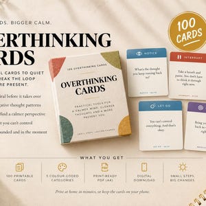 Tarjetas para controlar el exceso de pensamiento, 100 habilidades imprimibles para afrontar la ansiedad, mazo de técnicas de reencuadre basadas en la TCC (descarga digital)