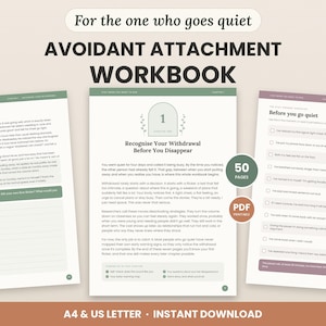 Puede incluir: Un libro de ejercicios digital titulado For the one who goes quiet: Avoidant Attachment Workbook, que muestra tres páginas con texto, listas de verificación y encabezados de capítulos. Incluye una etiqueta de 50 páginas PDF imprimibles.