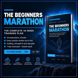 Op de afbeelding: Een digitale 74-pagina tellende PDF-gids getiteld The Beginners Marathon, met een 16-weken trainingsschema. De cover toont het silhouet van een hardloper voor bergen, met tekst over 3 niveaus, voeding, krachttraining en wedstrijddagplannen.