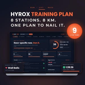 May include: A digital Hyrox training plan displayed on a laptop screen with a dark interface. The text reads: RUN LIFT RACE, HYROX TRAINING PLAN, 8 STATIONS. 8 KM. ONE PLAN TO NAIL IT. A circular orange badge highlights 9 LIVE TABS on the right side.