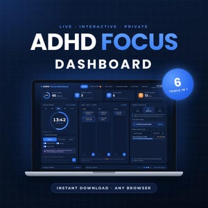 Könnte beinhalten: Ein digitales ADHD Focus Dashboard auf einem Laptop-Bildschirm mit einer dunkelblauen Benutzeroberfläche, die Aufgabenverwaltung, Fokus-Timer und Energie-Tracking-Tools enthält. Der Text lautet Live, Interactive, Private, ADHD Focus Dashboard.