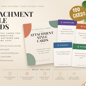 Puede incluir: Un juego de 100 tarjetas Attachment Style Cards en una caja, con cinco categorías codificadas por colores y textos para el crecimiento emocional. Las tarjetas incluyen etiquetas como Understand, Anxious, Avoidant, Secure y Heal con texto.