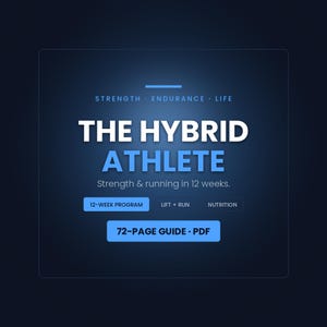 Pode incluir: Um documento digital intitulado The Hybrid Athlete, com o texto Strength, Endurance, Life e Strength & running in 12 weeks. Inclui botões rotulados 12-Week Program, Lift + Run, Nutrition e um 72-Page Guide PDF num fundo azul escuro.