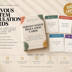 May include: A deck of 100 Nervous System Regulation Cards in a box with abstract shapes. Five individual cards are displayed, each featuring a different color, icon, and text, including Notice, Interrupt, Reframe, Regulate, and Restore.