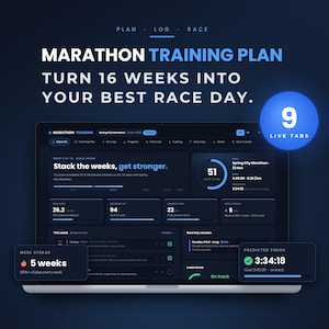 Könnte beinhalten: Ein digitales Marathon-Trainingsplan-Dashboard auf einem Laptop-Bildschirm. Die Benutzeroberfläche zeigt dunkelblaue Töne mit weißem Text, einschließlich Überschriften wie Marathon Training Plan, Turn 16 Weeks Into Your Best Race Day und 9 Live Tabs.