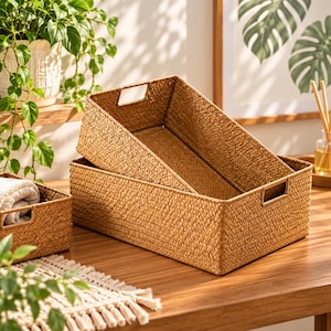Woven Seagrass Storage Basket, Natural Wicker Organizer, Rectangular Home Decor