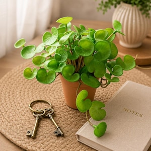 May include: A small potted plant with rounded green leaves in a terracotta-colored pot, positioned next to two antique-style brass keys on a ring and a beige notebook with the word NOTES embossed in gold on the cover.
