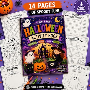 May include: A Halloween activity book with a purple cover featuring a haunted house, a ghost, a witch, and a pumpkin, surrounded by various activity sheets including a word search, crossword, maze, and connect-the-dots, all on a purple background.