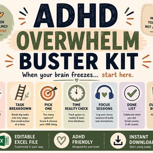 Könnte beinhalten: Eine digitale ADHD Overwhelm Buster Kit Infografik mit cremefarbenem Hintergrund. Sie zeigt den Titel in dunkelblauem und grünem Text sowie sieben farbige Boxen, die Strategien wie Brain Dump, Task Breakdown und Focus Sessions beschreiben.
