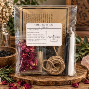 May include: A clear plastic bag containing a Cord Cutting Ritual Kit by Sage Hollow Apothecary. The kit includes a printed instruction card, a bundle of natural twine, dried rose petals, matches, black salt, and two taper candles in black and white.