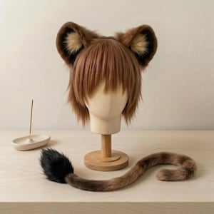 Set met leeuwenoren en -staart - Handgemaakt cosplaykostuum van imitatiebont met leeuwenstaart en hoofdband voor furry