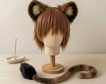 Löwenohren- und Schwanzset – Handgefertigtes Löwen-Cosplay-Kostüm aus Kunstfell, Löwenschwanz und Stirnband für Pelztiere