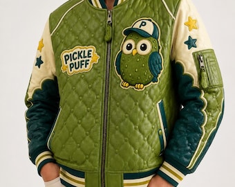 Pickle Puff Green Quilted Leather Bomber Jacket, Embroidered Puffy Pickle Owl Coat, Midnight Snack Syndicate Cream Dark Teal