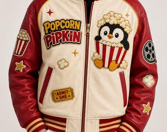 Popcorn Pipkin Cream Red Theater Bomber Leather Jacket, Embroidered Popcorn Penguin Coat, Midnight Snack Syndicate Yellow Black