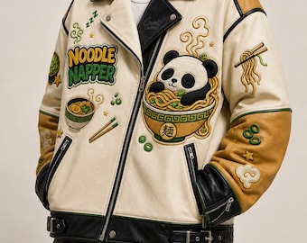 Noodle Napper Oversized Cozy Rider Leather Jacket, Embroidered Noodle Panda Coat, Midnight Snack Syndicate Cream Gold Black Green