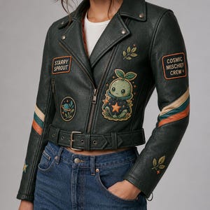 Starry Sprout Cropped Botanical Moto Jacket, Cosmic Mischief Crew Plant Star Child Leather Jacket, Leaf Green Biker Coat