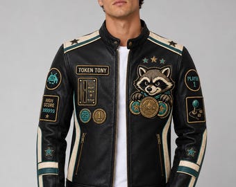 Token Tony Black Cream Racer Leather Jacket, Embroidered Token Raccoon Coat, Arcade Roadsters Brass Teal
