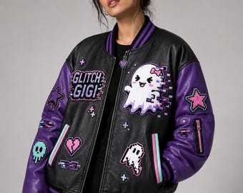 Glitch Gigi Oversized Leather Bomber Jacket, Embroidered Glitch Ghost Coat, Arcade Roadsters Purple Black Mint Pink