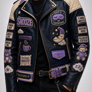 Könnte beinhalten: Eine dunkelblaue Lederjacke mit violetten und cremefarbenen Akzenten, verziert mit verschiedenen gestickten Aufnähern, darunter Texte wie SNOOZE, SLEEP IS MY SUPERPOWER, 5 MORE MINUTES, BEDTIME HERO, PILLOW FORT CERTIFIED und PROFESSIONAL SNOOZER.