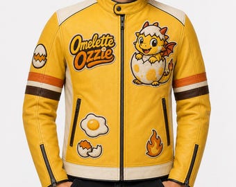 Omelette Ozzie Egg Dragon Café Racer Leather Jacket, Embroidered Breakfast Bandits Yellow White Moto Coat