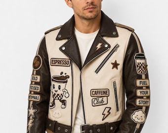 Cream Brown Leather Biker Jacket, Espresso Embroidered Coffee Moto Jacket, Genuine or Faux Leather