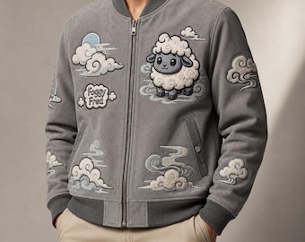 Foggy Fred Gray Suede Leather Bomber Jacket, Embroidered Fog Sheep Coat, Weather Weirdos Cream Pale Blue Charcoal