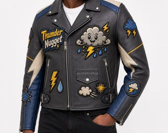 Thunder Nugget Storm Gray Moto Leather Jacket, Embroidered Tiny Thundercloud Coat, Weather Weirdos Charcoal Yellow