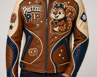 Pretzel Pip Twisted Seam Moto Leather Jacket, Embroidered Pretzel Squirrel Coat, Midnight Snack Syndicate Brown Cream Salt White