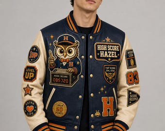 High Score Hazel Varsity Leather Jacket, Embroidered Owl Scorekeeper Coat, Arcade Roadsters Navy Cream Orange Gold