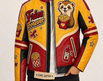 Fries Forever Red Yellow Racer Leather Jacket, Embroidered French Fry Ferret Coat, Midnight Snack Syndicate Cream