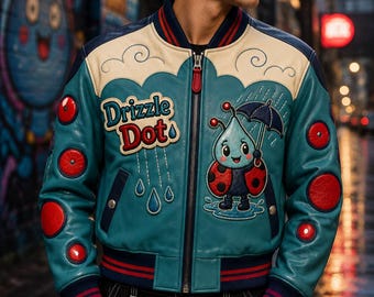 Drizzle Dot Short Leather Bomber Jacket, Embroidered Raindrop Ladybug Coat, Weather Weirdos Teal Navy Red Cream