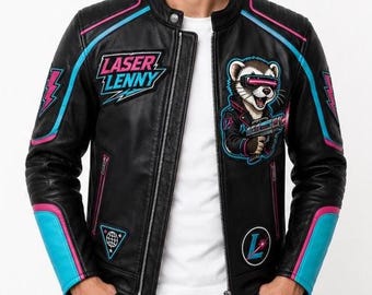Laser Lenny Sleek Neon Moto Leather Jacket, Embroidered Laser Ferret Coat, Arcade Roadsters Black Cyan Magenta Silver