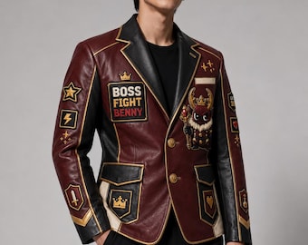 Boss Fight Benny Structured Leather Blazer Jacket, Embroidered Boss Beetle Coat, Arcade Roadsters Burgundy Black Gold Cream