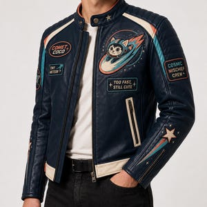 Comet Coco Leather Moto Jacket, Cosmic Mischief Crew Biker Coat