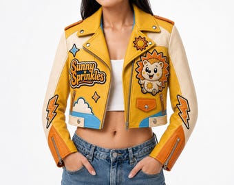 Sunny Sprinkles Cropped Leather Biker Jacket, Embroidered Sun Hedgehog Coat, Weather Weirdos Yellow Cream Orange Blue